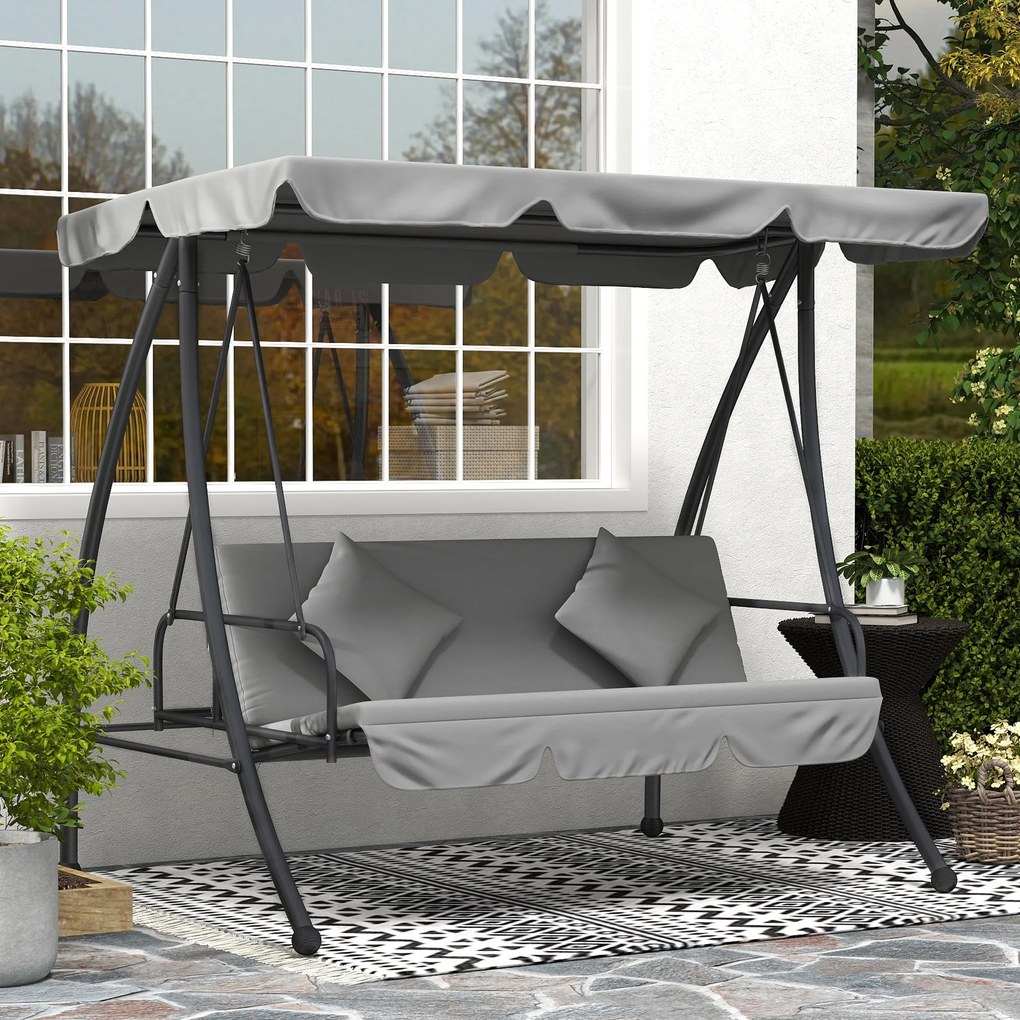 Baloiço de jardim conversível de 3 lugares, com inclinação do teto ajustável, colchão de 2 x 1,25 x 1,7 m, estrutura metálica, poliéster cinzento clar