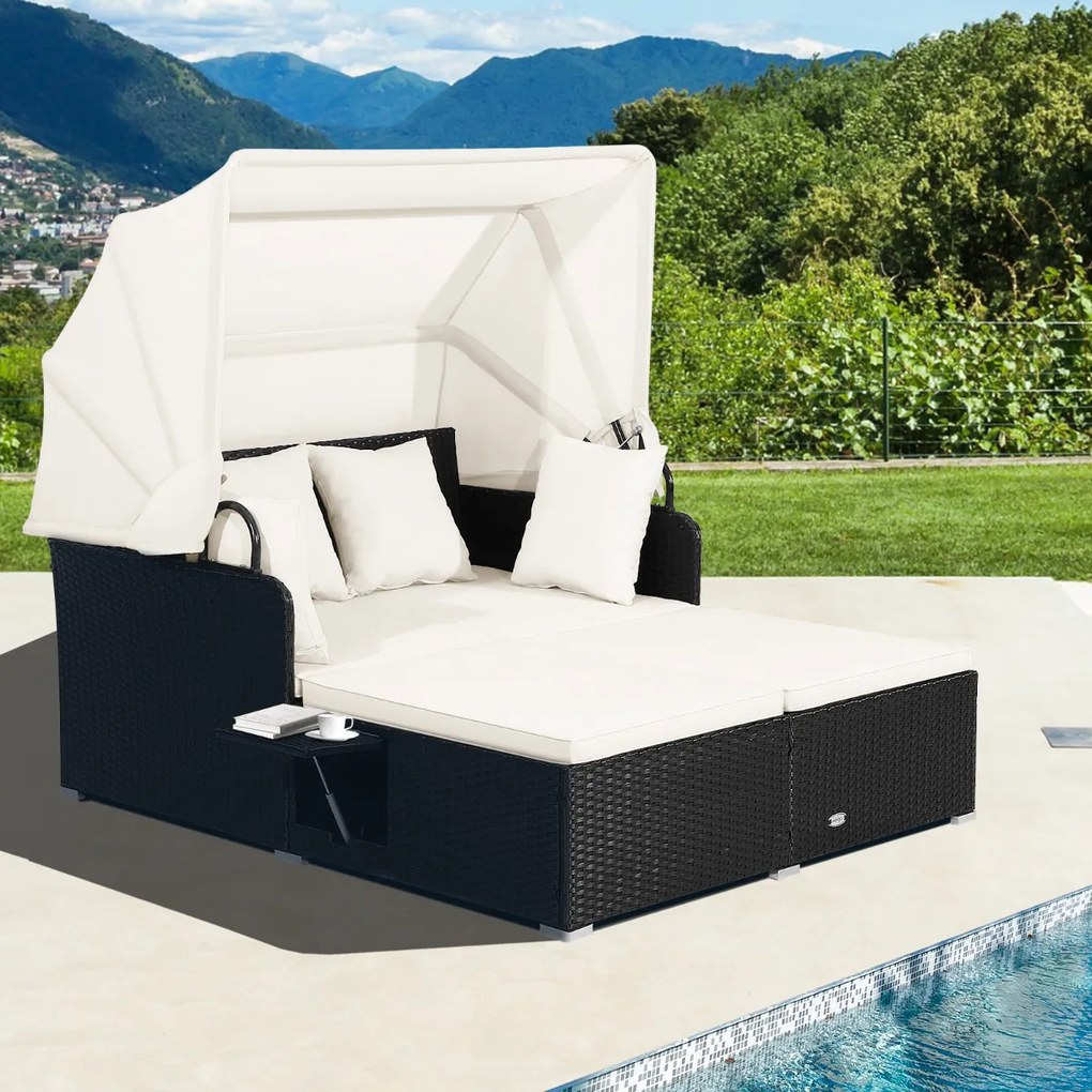 Cama Jardim dupla com almofadas em rattan com Dois painéis laterais rebatíveis para jardim Pátio Alpendre Branco e Preta