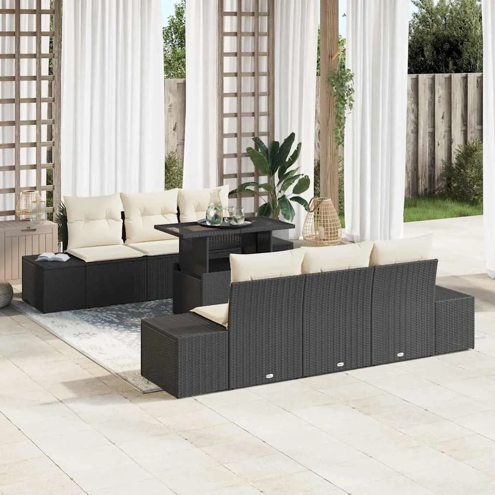 vidaXL Conjunto de Sofá de Jardim com almofada 7 pcs Preto e Creme