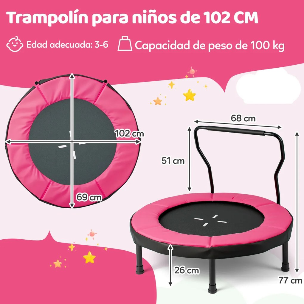 Trampolim infantil 102 cm ou de fitness para interior/exterior com barra em espuma e colchão de segurança para crianças Rosa