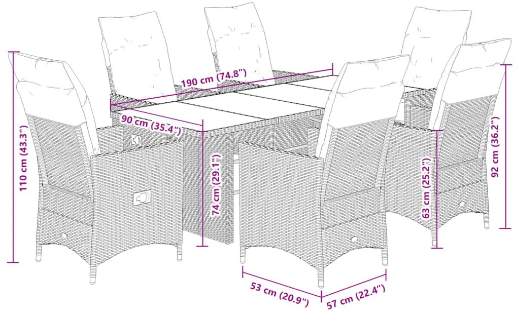 7 pcs conjunto de jantar p/ jardim com almofadões vime PE bege