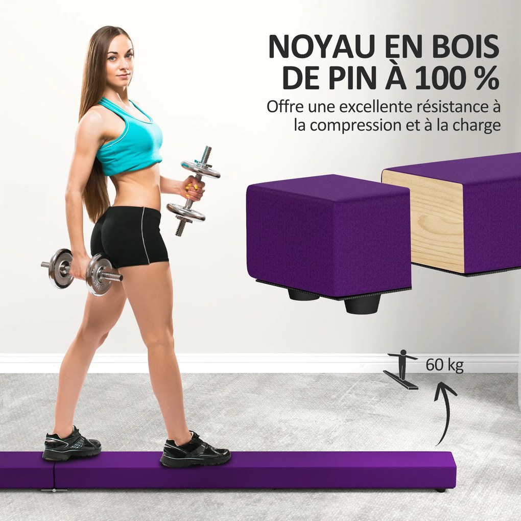 Viga de Equilíbrio para Ginástica Dobrável, 210 x 10 x 6,5 cm, Base Antiderrapante, Roxo
