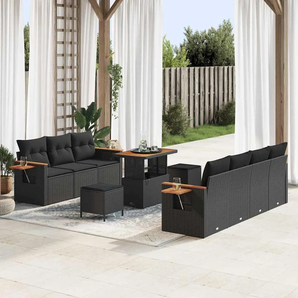 Conjunto de Sofás de Jardim de 10 Peças com Almofadas Preto Vime Acácia