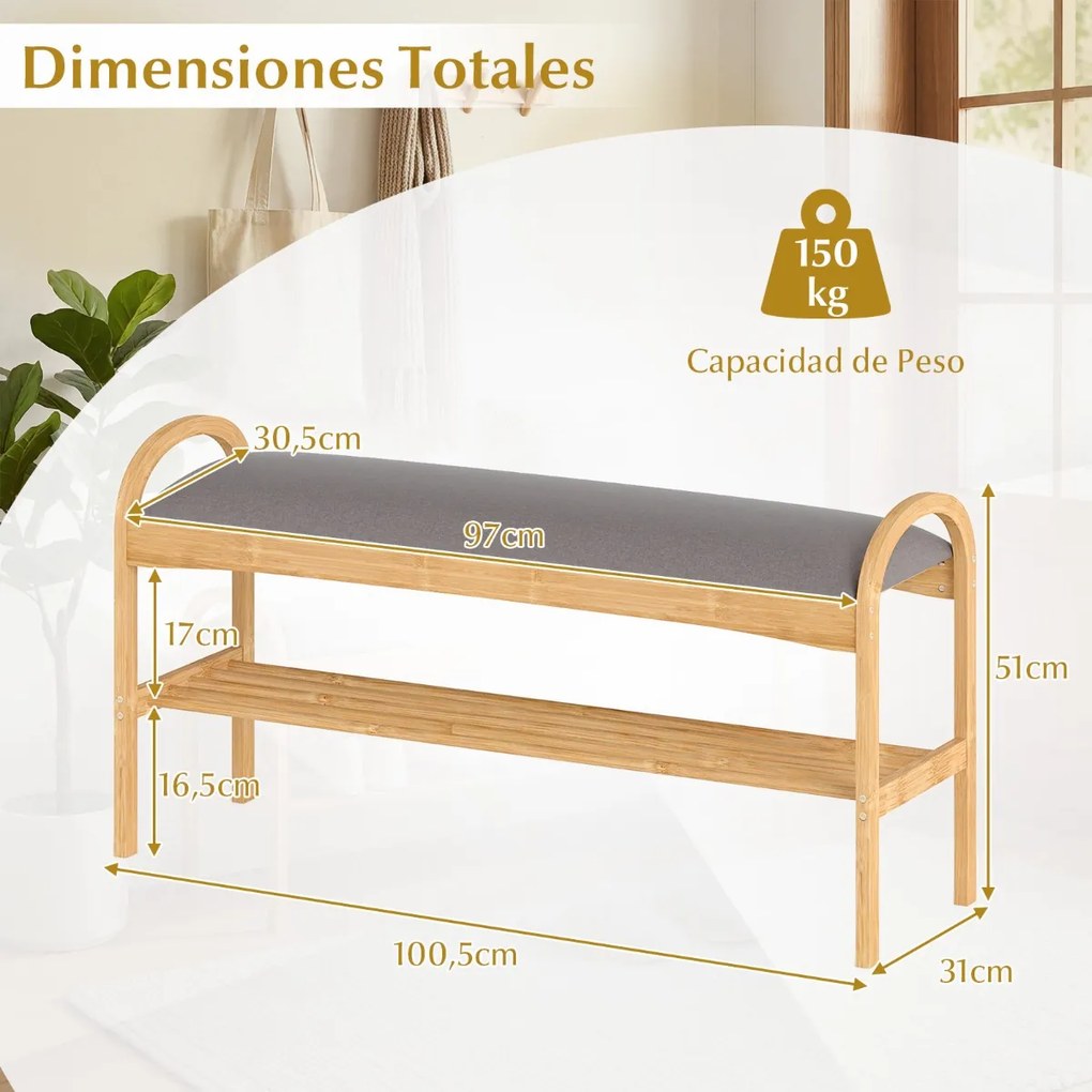 Banco sapateira 100,5 x 31 x 51 cm com almofada de bambu e estante de arrumação para entrada, corredor ou quarto cinzento