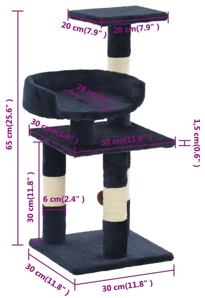 Árvore p/ gatos c/ postes arranhadores sisal 65 cm azul