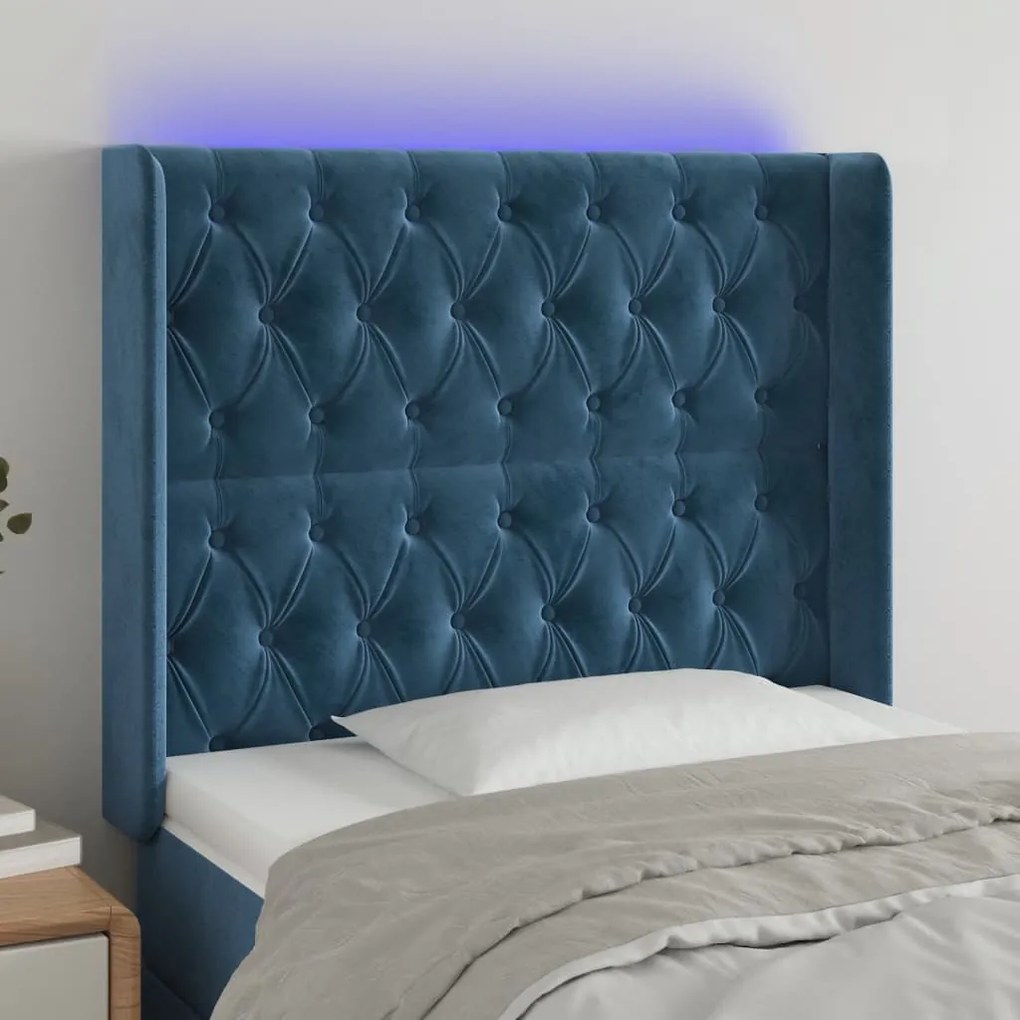 Cabeceira cama c/ luzes LED veludo 93x16x118/128 cm azul-escuro