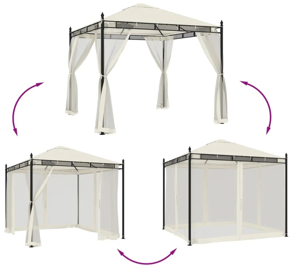 Gazebo com paredes de malha 2,93x2,93 m aço creme