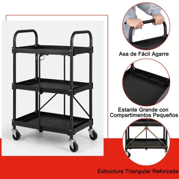 Carrinho de cozinha dobrável de 3 níveis com rodas e pega Oficina Garagem 61 x 44 x 96 cm Preto