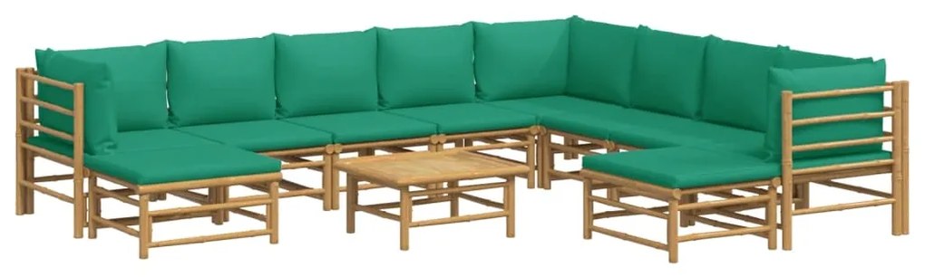 11 pcs conjunto lounge de jardim bambu c/ almofadões verdes