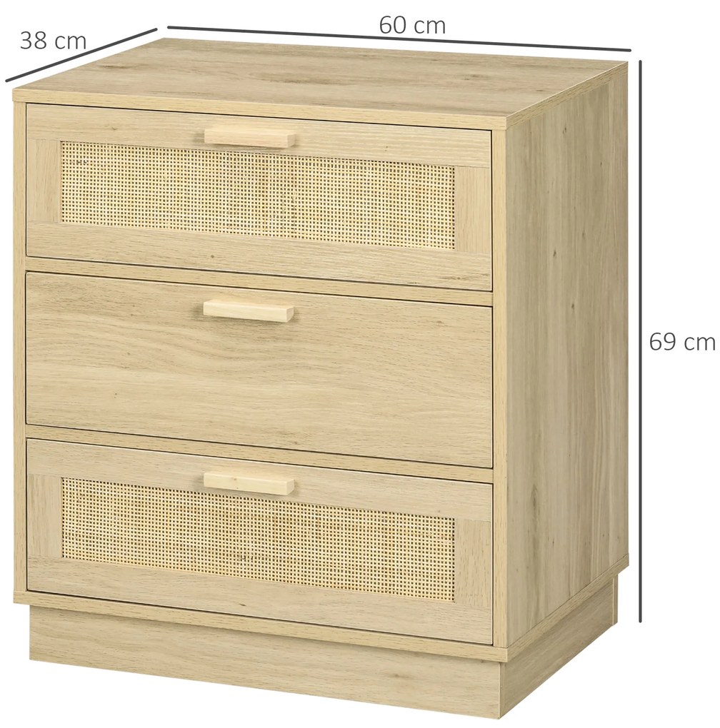 HOMCOM Cómoda com 3 Gavetas de Vime Cómoda de Madeira para Dormitório Sala de Estar Estilo Boêmio 60x38x69 cm Madeira