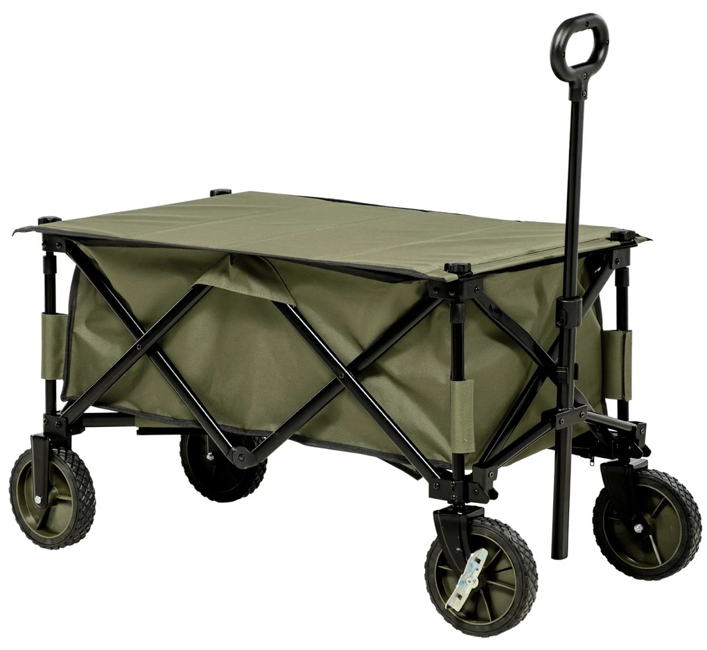 Outsunny Carrinho Dobrável de com Rodas Carrinho para Praia com Guiador Telescópico Bancada Dobrável 5 Bolsas de Armazenamento Estrutura de Aço e Tecido de Oxford 108x55x93cm Verde Escuro