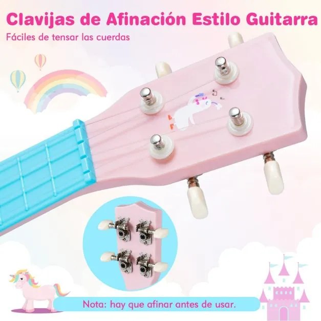 Ukelele de 21 polegadas para crianças infantil com 4 cordas de nylon e 12 trastes para iniciantes Instrumento musical rosa