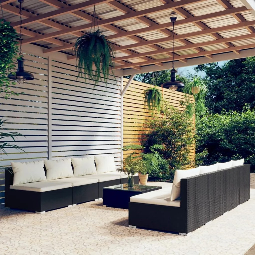 vidaXL 9 pcs conjunto lounge de jardim c/ almofadões vime PE preto