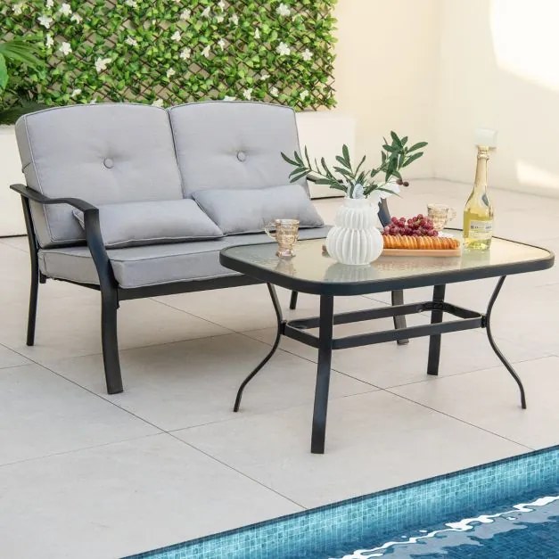 Conjunto de jardim de exterior 4 peças com 2 cadeiras individuais Cadeira de 2 lugares Mesa em vidro temperado Cinzento