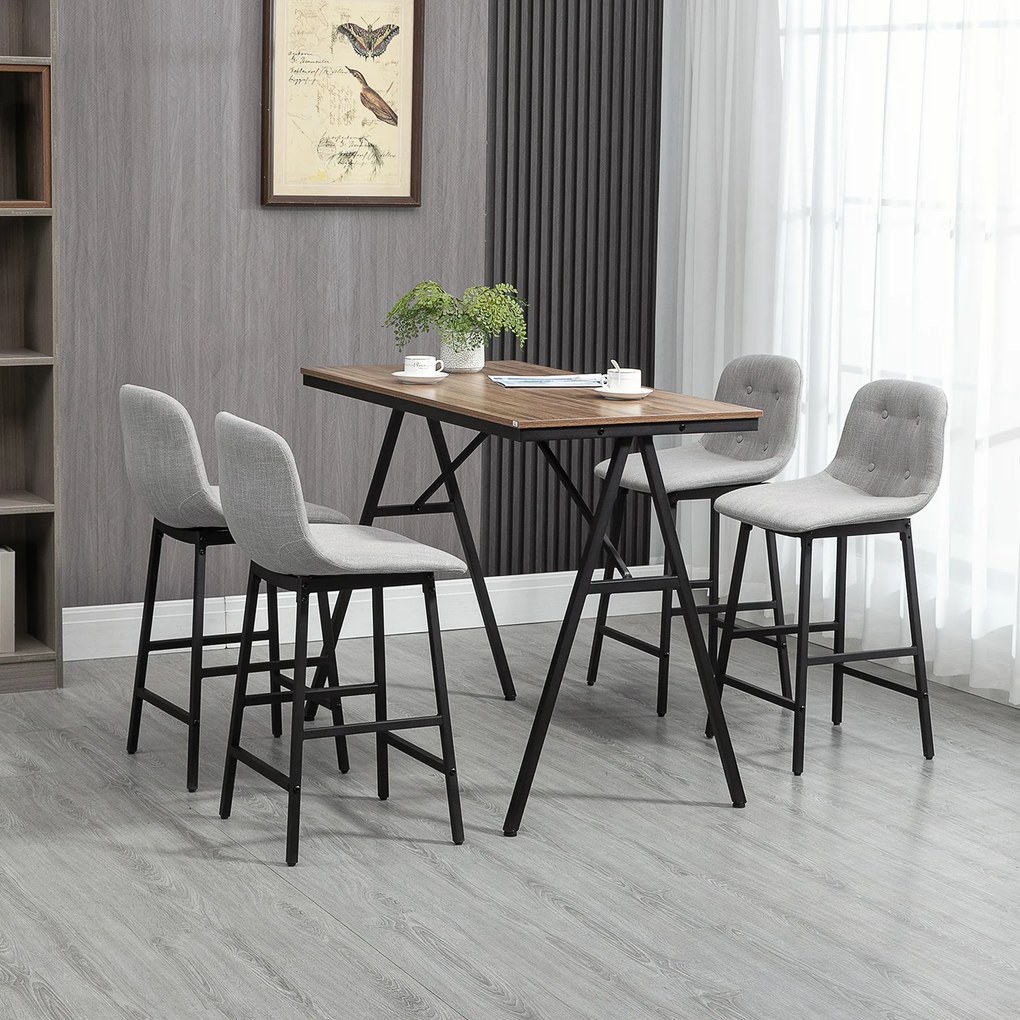 Conjunto de mesa de bar com bancos e mesa de jantar alta com 4 cadeiras estofadas, pés em aço, 120 x 60 x 91 cm, cinzento
