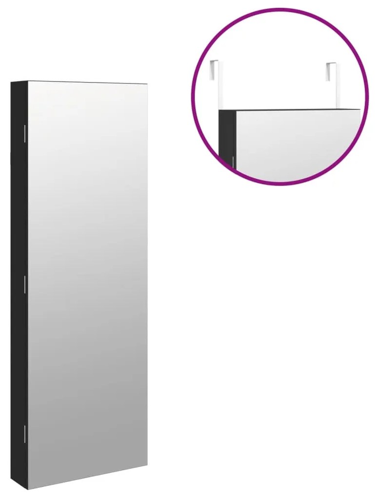 Móvel para joias de parede espelhado com luzes LED preto