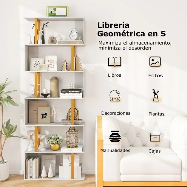Estante geométrica em forma de S de 6 níveis 70 x 24 x 189 cm com estrutura metálica moderna Branco + Dourado