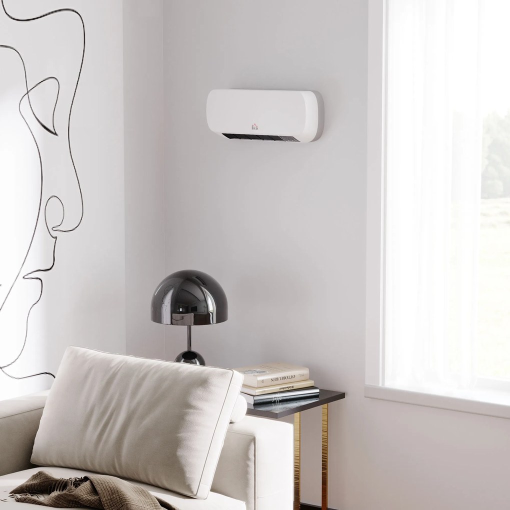 HOMCOM Aquecedor Cerâmico de Parede 1000W/2000W com Controle Remoto 3 Modos de Aquecimento Temporizador de 12h Termostato e Proteção contra Superaquecimento 45x18,6x11,5cm Branco