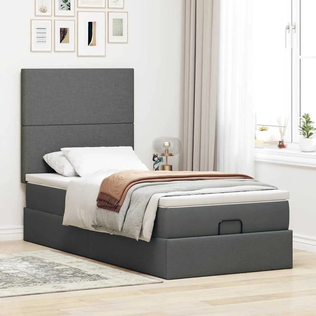 Cama otomana com colchão & LEDs 90x200cm tecido cinzento escuro