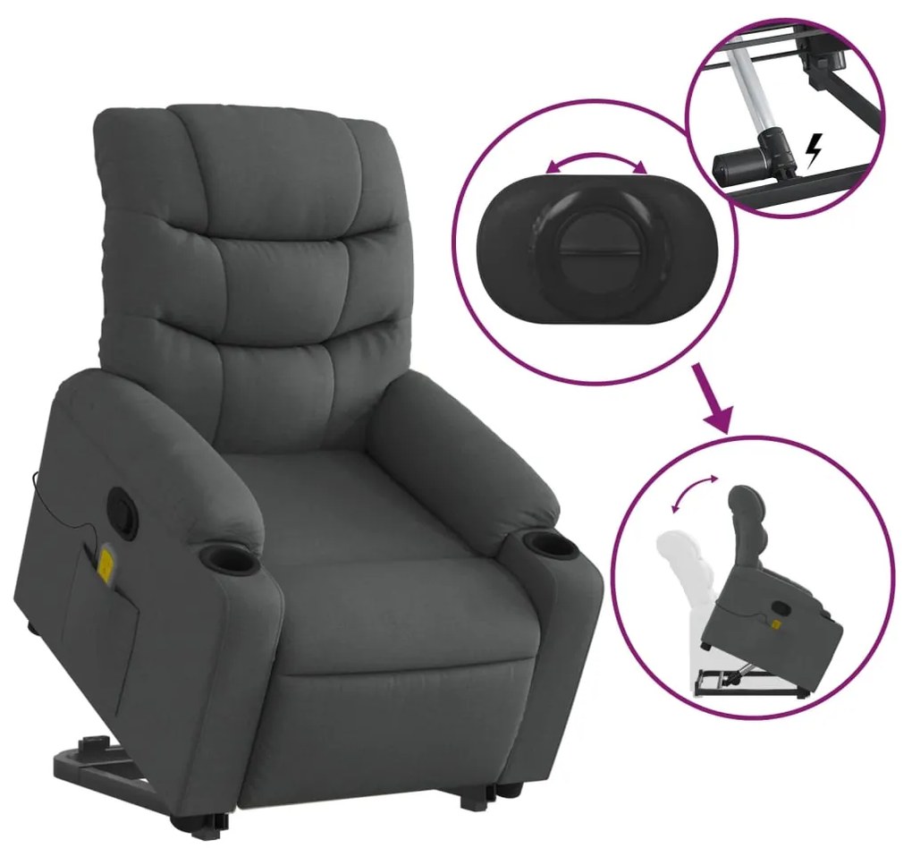 Poltrona elevatória de massagens tecido cinzento-escuro