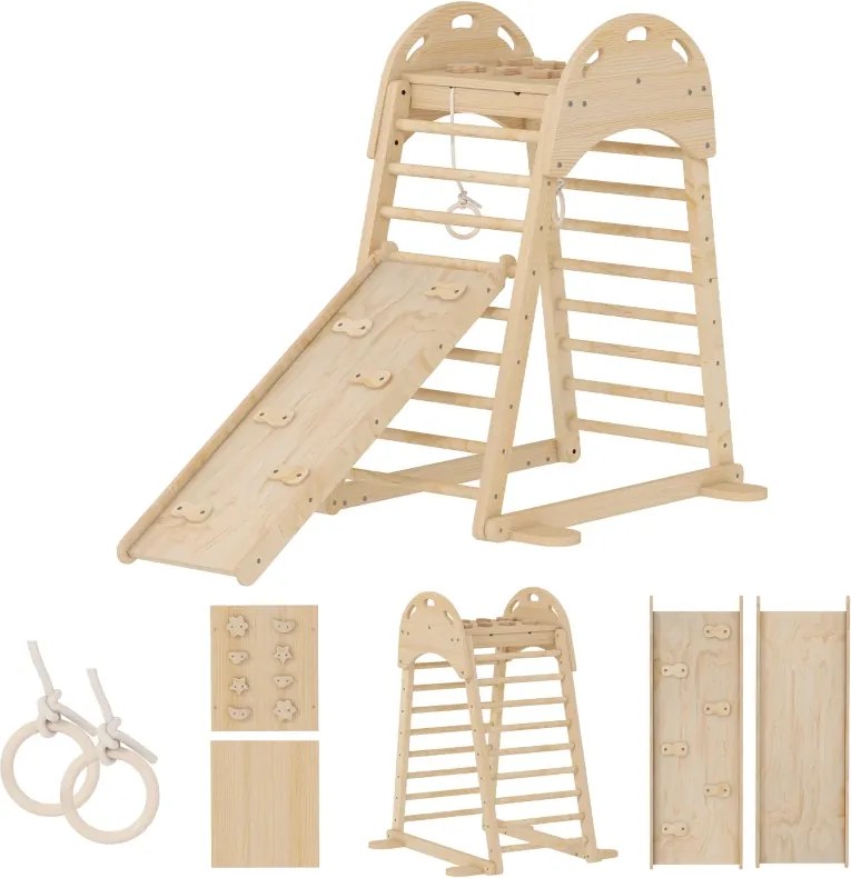 Triângulo de Escalada Montessori 6 em 1 Estrutura de Madeira com Plataforma Anéis e Escorrega para Escalar ou Deslizar Madeira