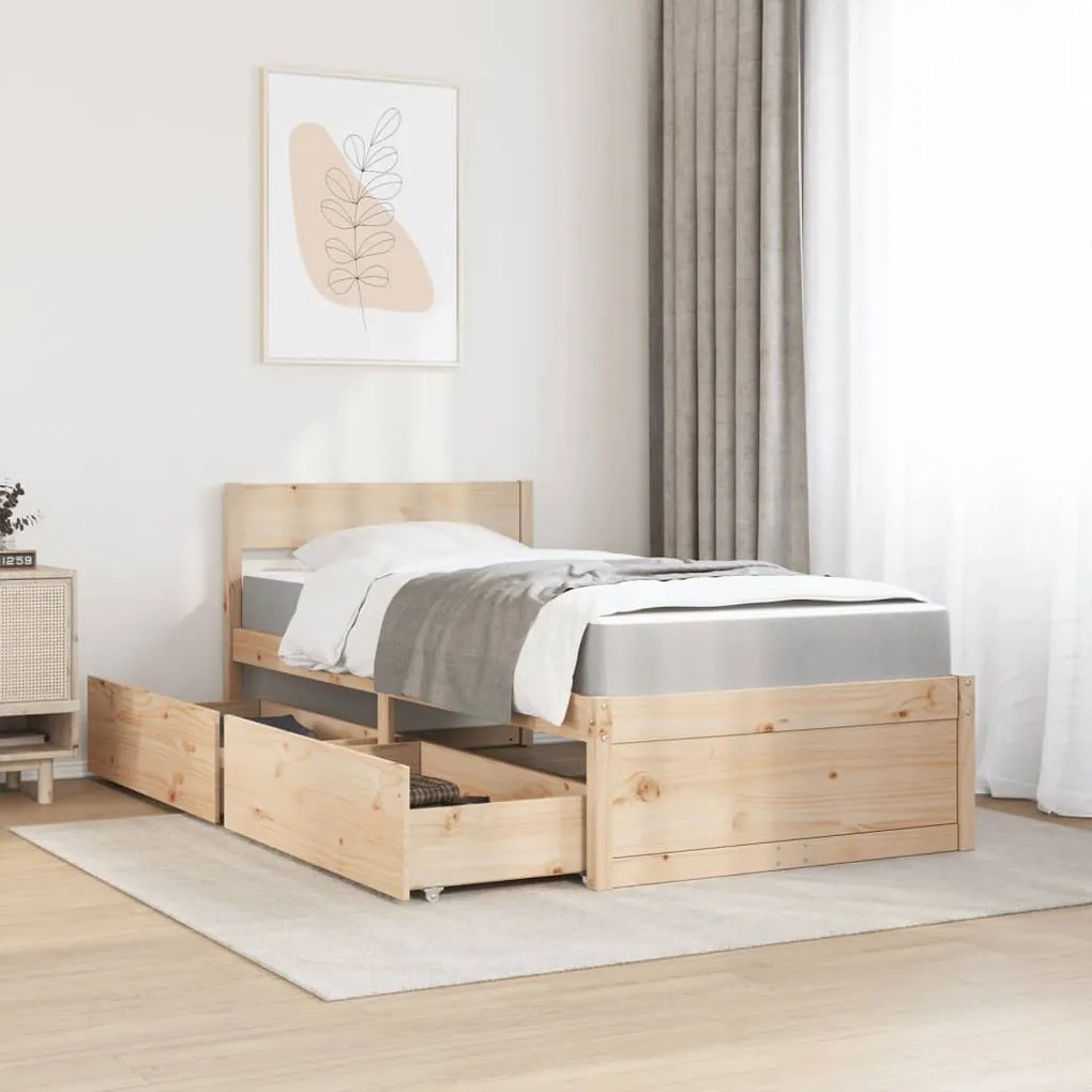 Cama com gavetas e colchão 90x200 cm madeira de pinho maciça