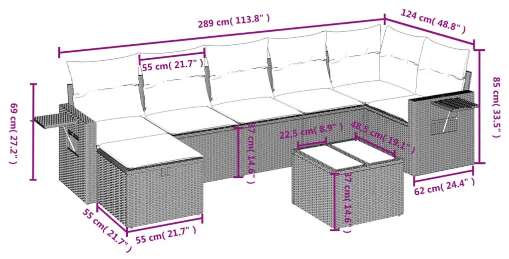 8 pcs conjunto de sofás p/ jardim com almofadões vime PE bege