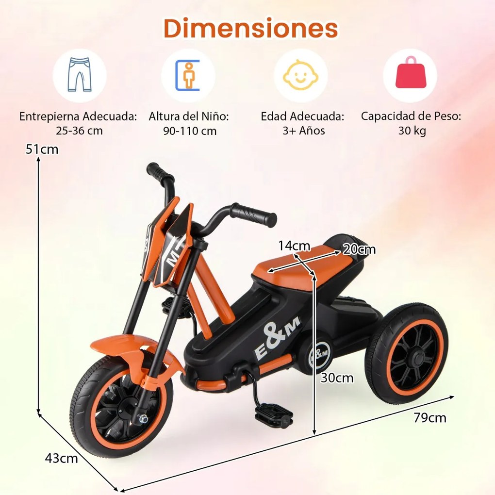 Triciclo para crianças de 3 rodas com pedais para frente/trás laranja