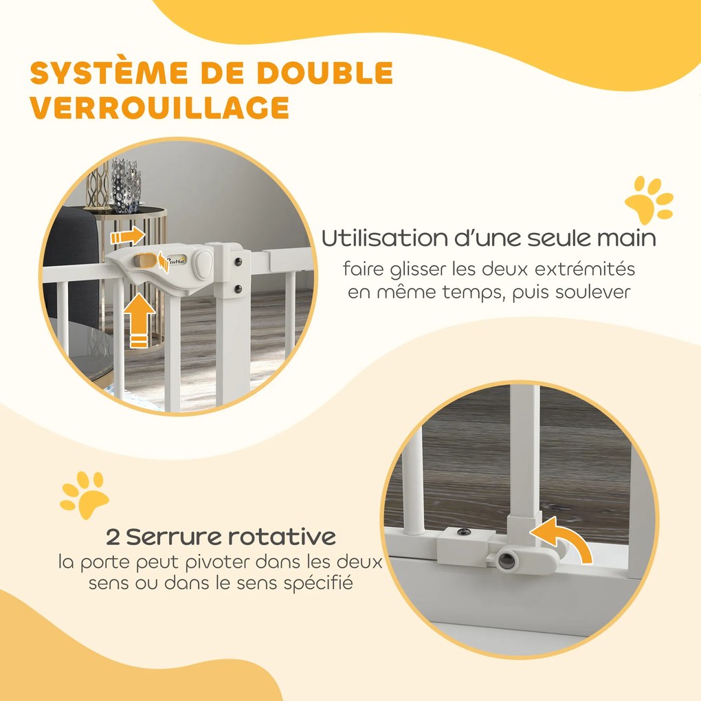 Barreira de segurança para animais Largura ajustável: 74-80/87 - 94 cm (com haste de ajuste) com fecho automático e sistema de dupla travagem, sem nec