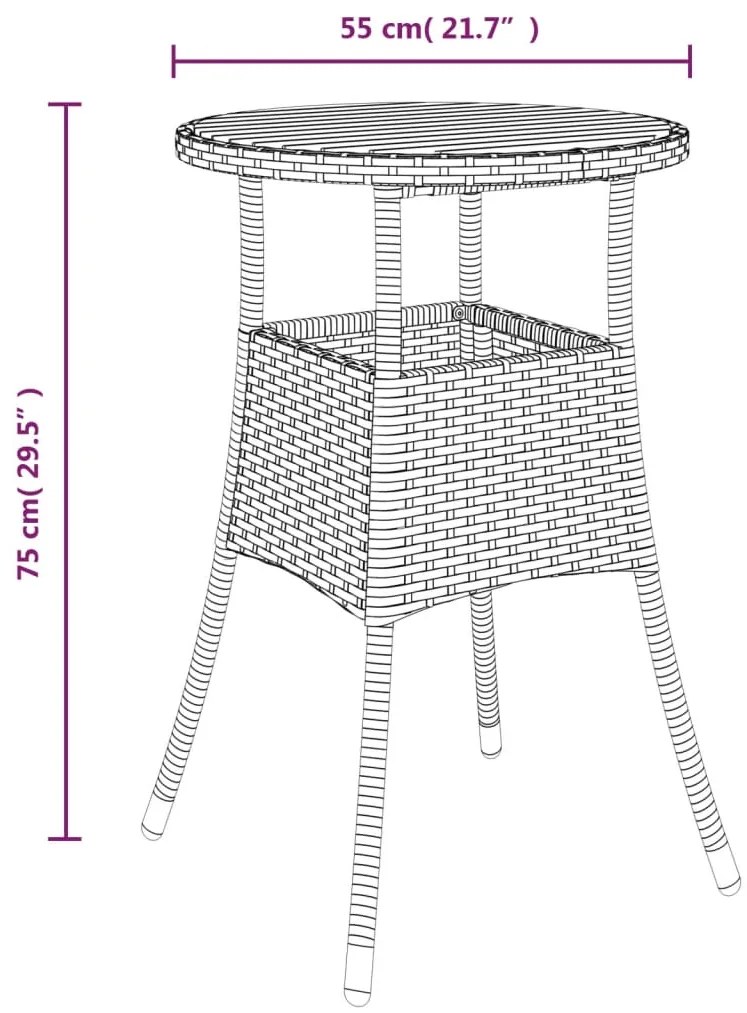 3 pcs conjunto bistrô de jardim c/ almofadões vime PE cinza