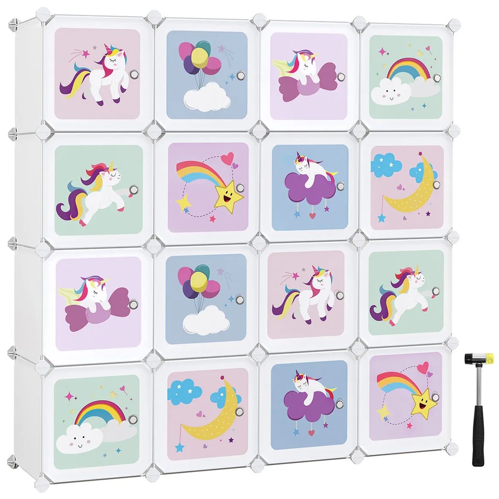 SONGMICS Cube Shelf Armário Multiuso com 16 Portas de Cubos Sistema de Prateleiras Guarda-Roupa Sapateira de Plástico para Crianças Sapatos Brinquedos 123 x 31 x 123 cm Branco LPC906W01