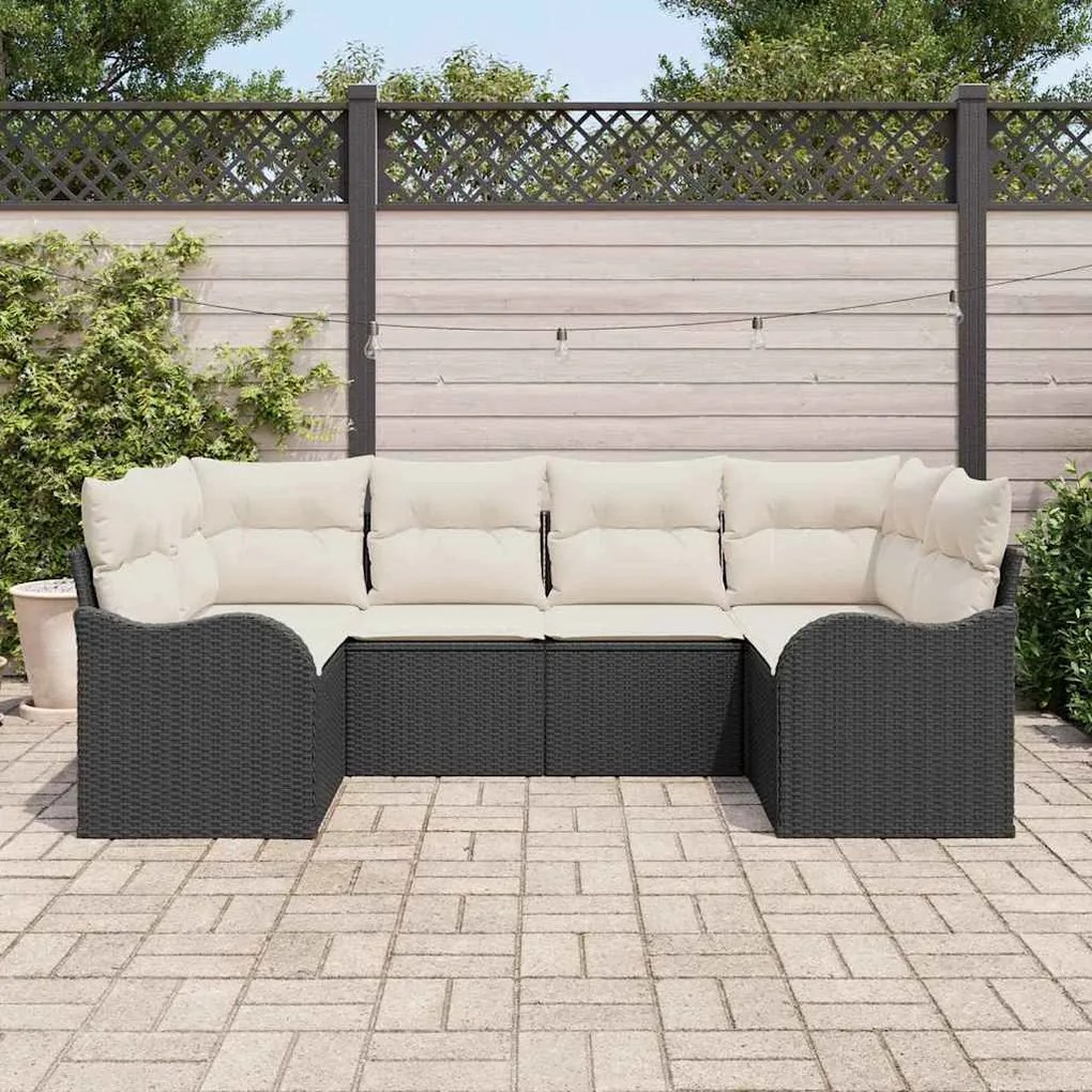 Conjunto de Sofá de Jardim 6 Peças com Almofadas Pretas de Rattan em P
