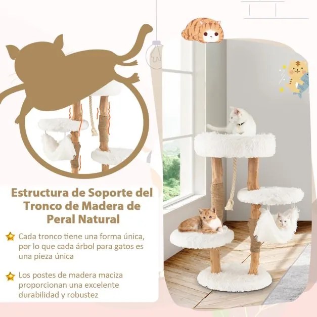 Arranhador para gatos em madeira maciça com postes de sisal Rede de dormir Corda de sisal Pendurada Corda de sisal 41 x 41 x 87 cm Natural e branco