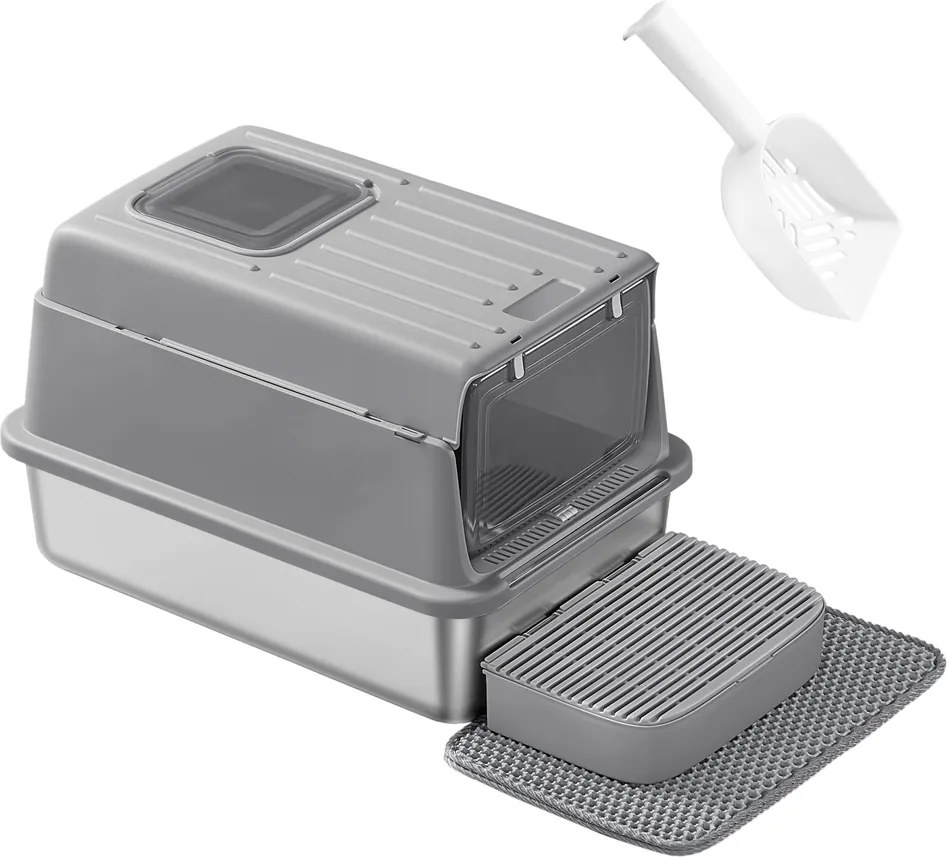 Caixa de areia para gatos em aço inoxidável 60 x 40 x 38 cm, com tampa e pá Cinzento