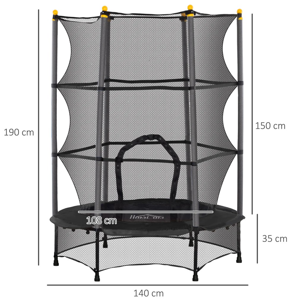 Trampolim para Crianças com Rede de Segurança e Estrutura de Aço para Interiores e Exteriores Carga 50kg Ø140x190 cm Preto