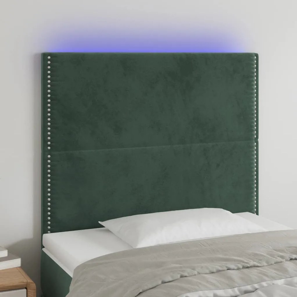 Cabeceira de cama c/ LED veludo 90x5x118/128 cm verde-escuro