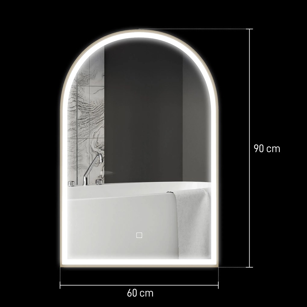 Espelho de casa de banho com LED, 90 x 60 cm, de parede, 3 cores, moldura arqueada em alumínio, sistema antiembaciamento e interruptor tátil dourado
