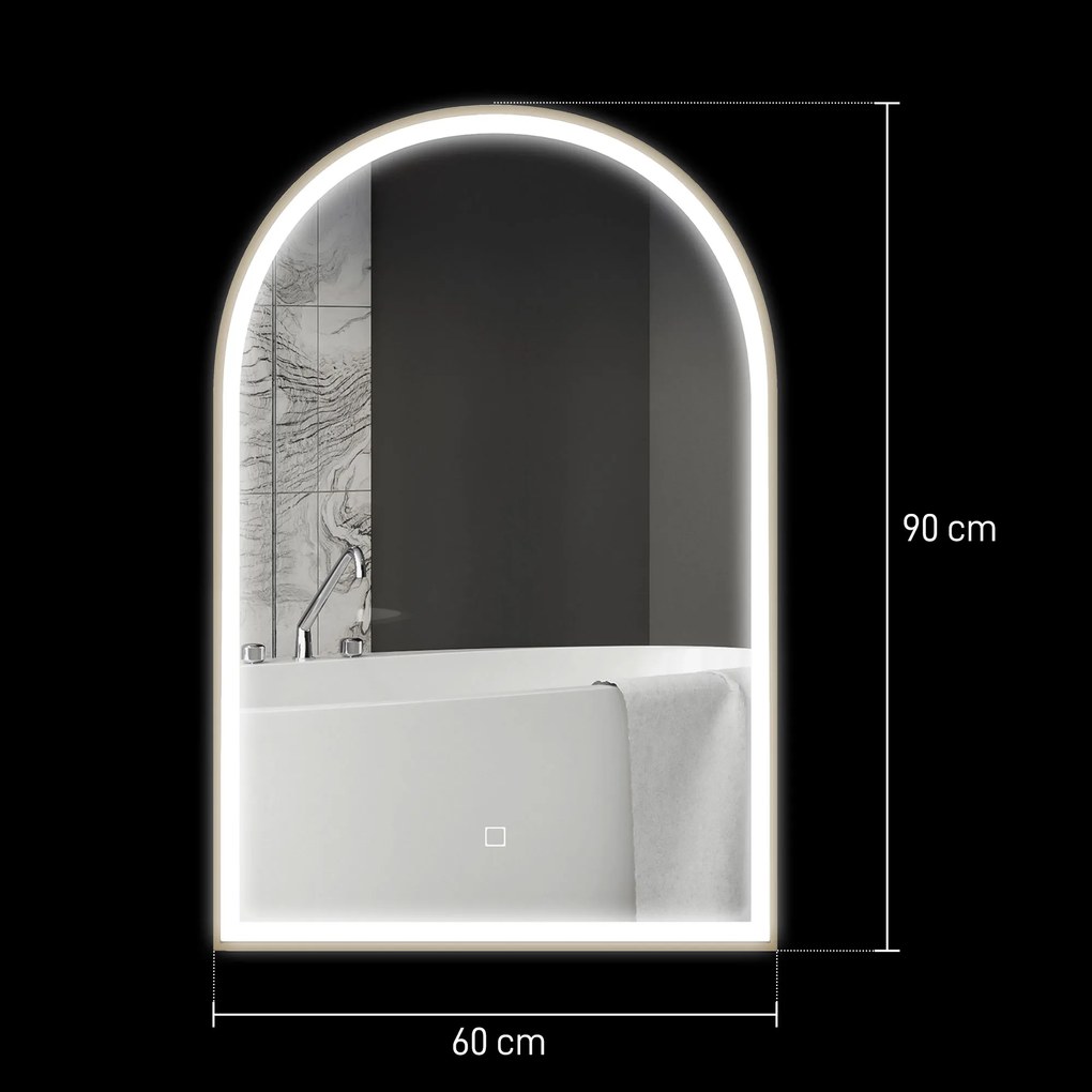 Espelho de casa de banho LED 90 x 60 cm, de parede, 3 cores, moldura arqueada em alumínio, antiembaciamento e interruptor tátil