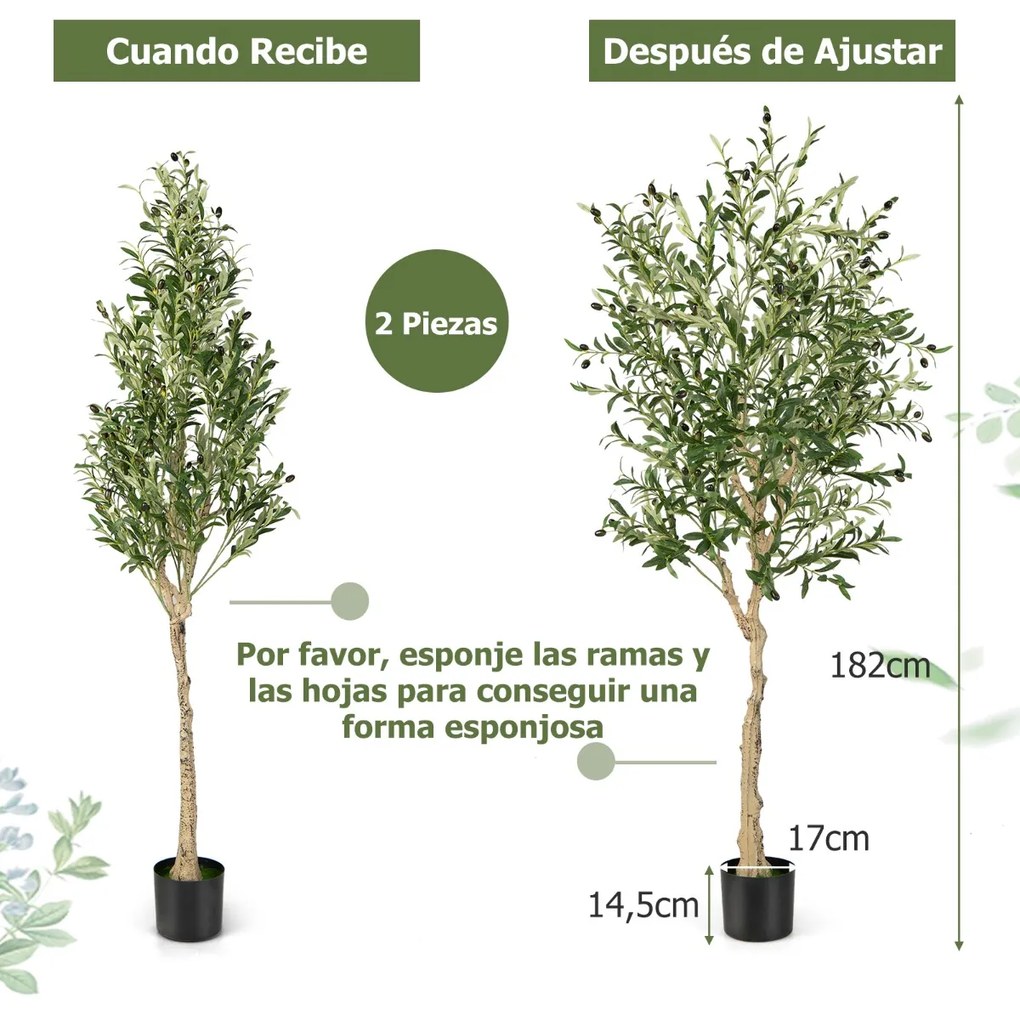 Conjunto de 2 Oliveiras Artificiais 182 cm Plantas de imitação decorativas falsas em vaso de cimento para interior Escritório Casa Verdes