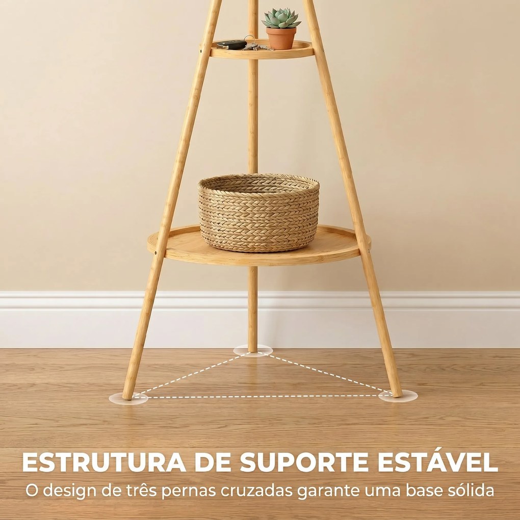 Cabide de Pé em Bambu Cabide para Roupas com 2 Prateleiras e 9 Ganchos Design Elegante 58,5x58,5x176 cm Madeira