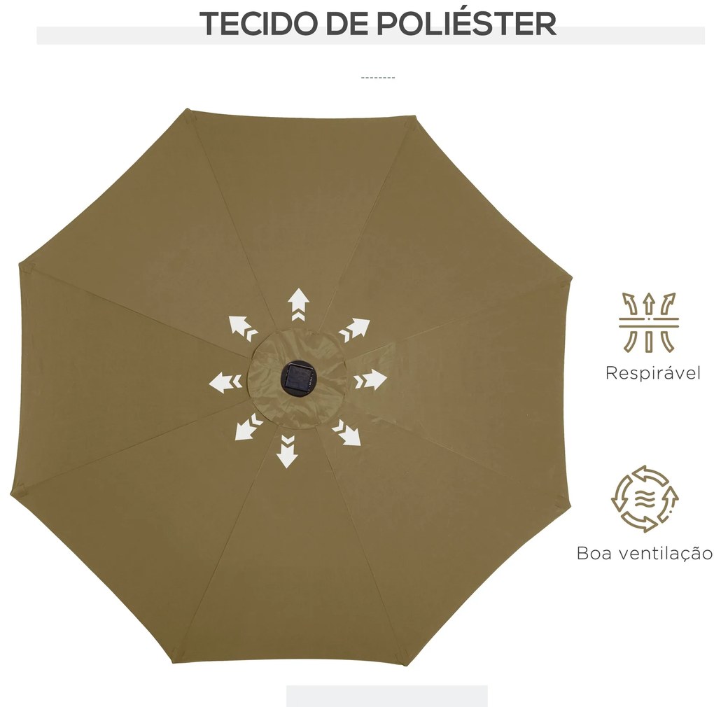 Chapéu de Sol de Jardim Ø268x238cm com 24 Luzes LED Solar Mecanismo de