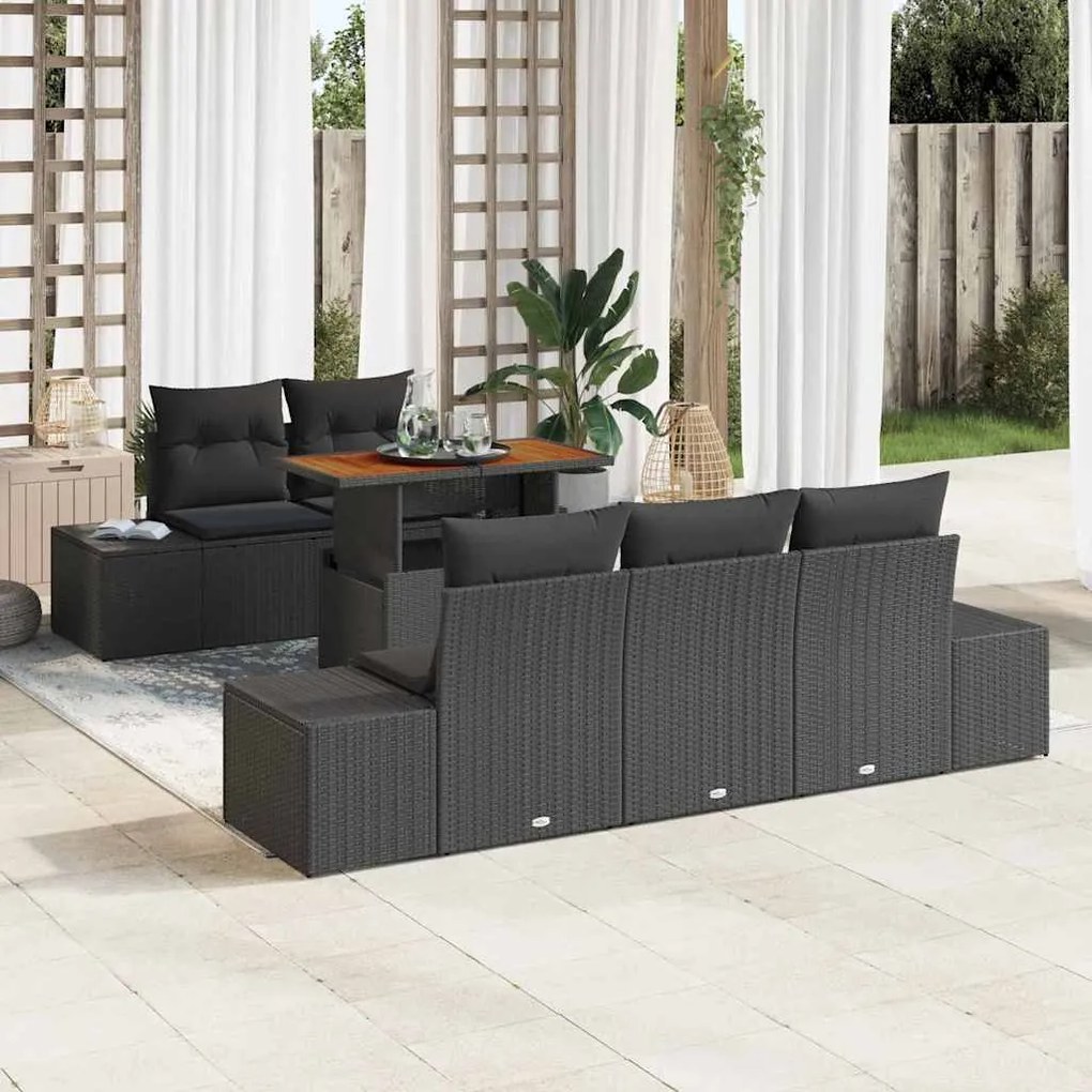 vidaXL Conjunto de Jantar para o Jardim com 6 Peças e Almofadas em Rattan Preto com Acácia