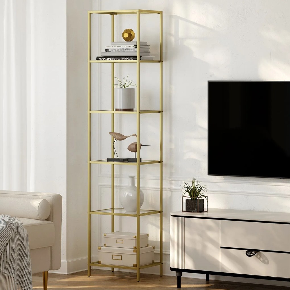 Estante com estrutura elegante e 6 prateleiras em vidro transparente 30 x 40 x 177,3 cm dourado