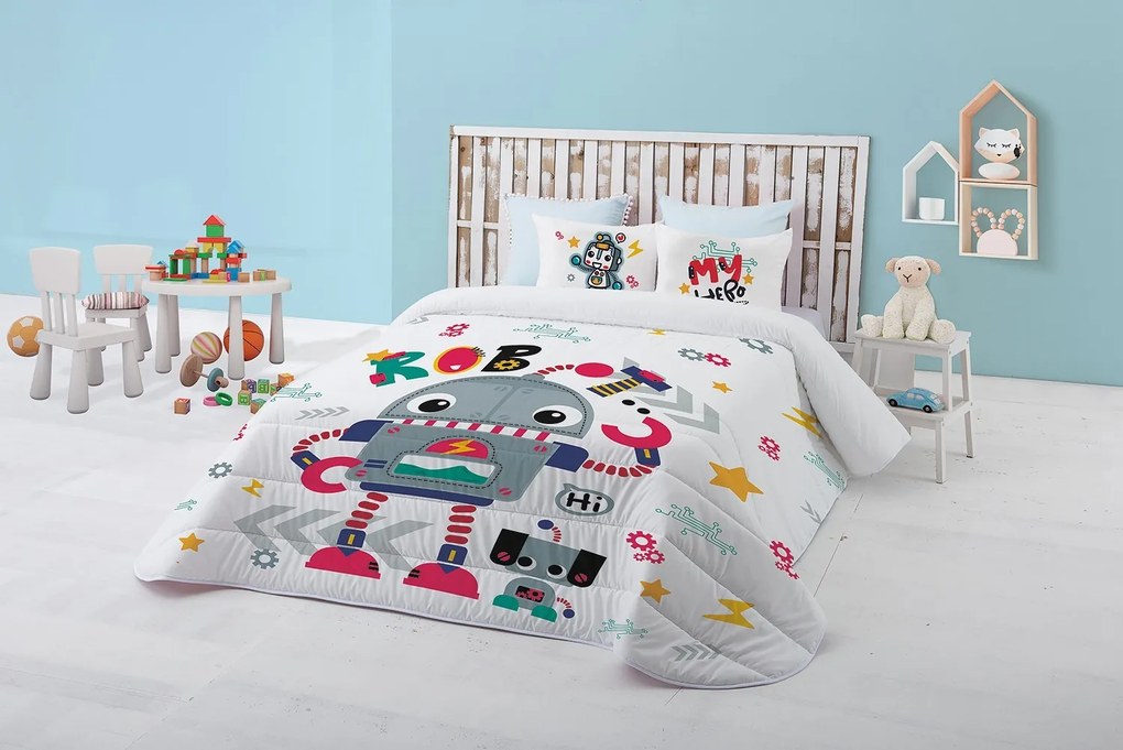 Edredom infantil Robot - Edredom infantil com almofadas:  Colchas edredão 250x260 cm + 2 almofadas cheias 45x60 cm, com enchimento de 300 gr./m2 para inverno