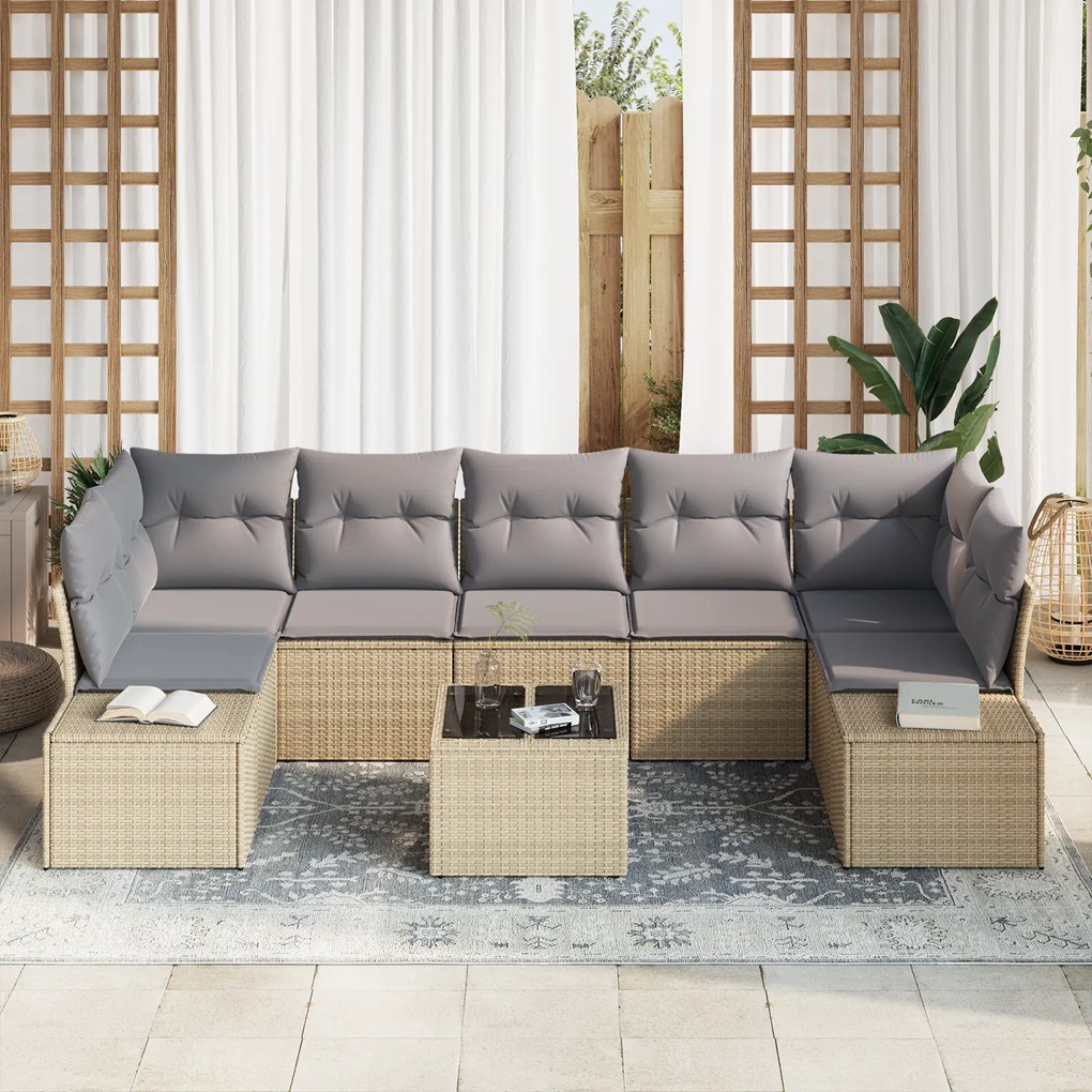 Conjunto de Sofá de Jardim de 8 Peças com Almofadas Bege de Rattan