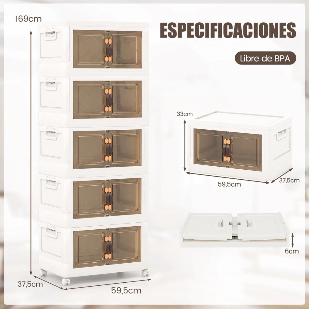 Conjunto de 5 caixas arrumação empilháveis com portas de rodas com fecho e tampas dobráveis em PP para o quarto 59,5 x 37,5 x 169 cm Branco