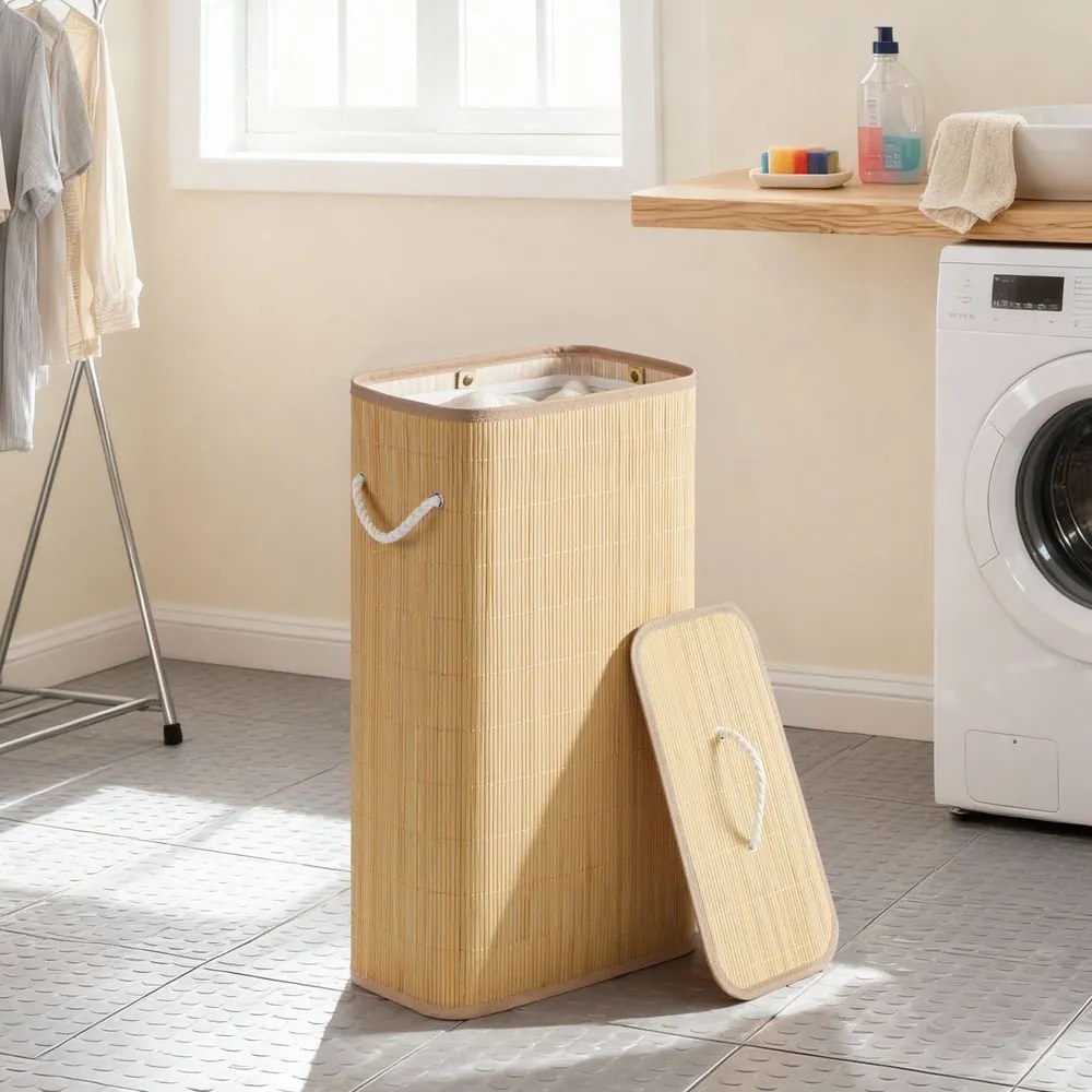 Cesto da roupa suja com tampa, 60 L, cesto de bambu 40 x 22 x 70 cm cor natural