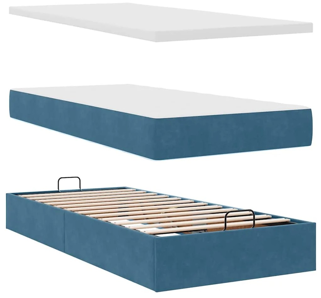 Estrutura cama otomana com colchão azul escuro 90x190cm veludo