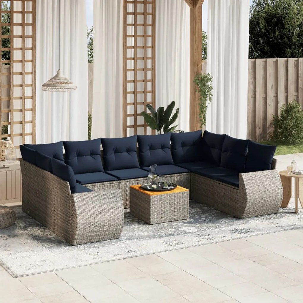 vidaXL 10 pcs conjunto sofás p/ jardim c/ almofadões vime PE cinzento