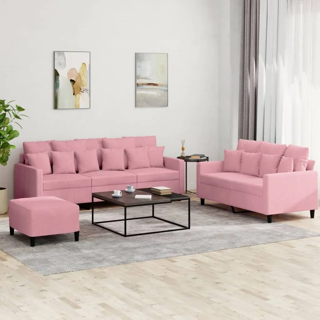 3 pcs conjunto de sofás com almofadões veludo rosa